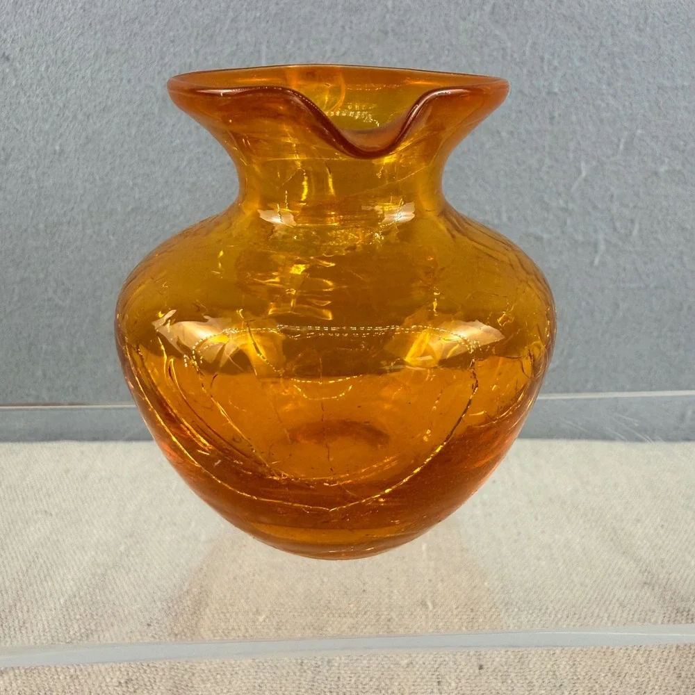 Vintage Amber Crackle Glass Mini Pitcher 3 Inch Hand Blown‎ Decorative Vase